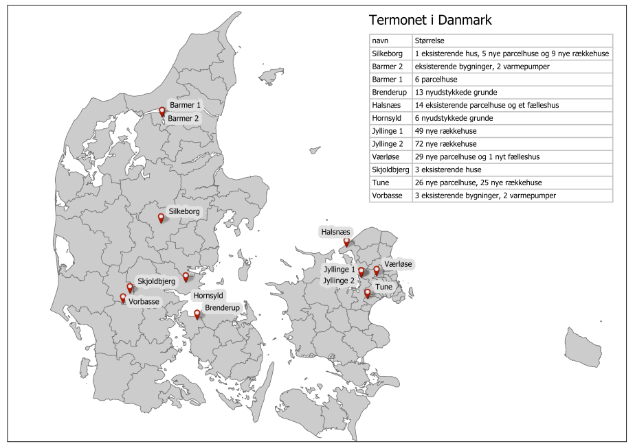 Oversigt over de etablerede danske termonet og deres størrelse